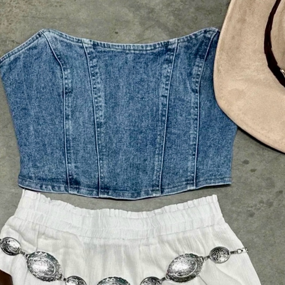 New! Denim Bustier Top with smocking back- stretchy! Very diverse style